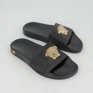 Versace Black Slides with Gold Medusa Accent
